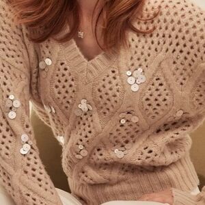 White House Black Market Beige V-Neck Sweater with Sequins